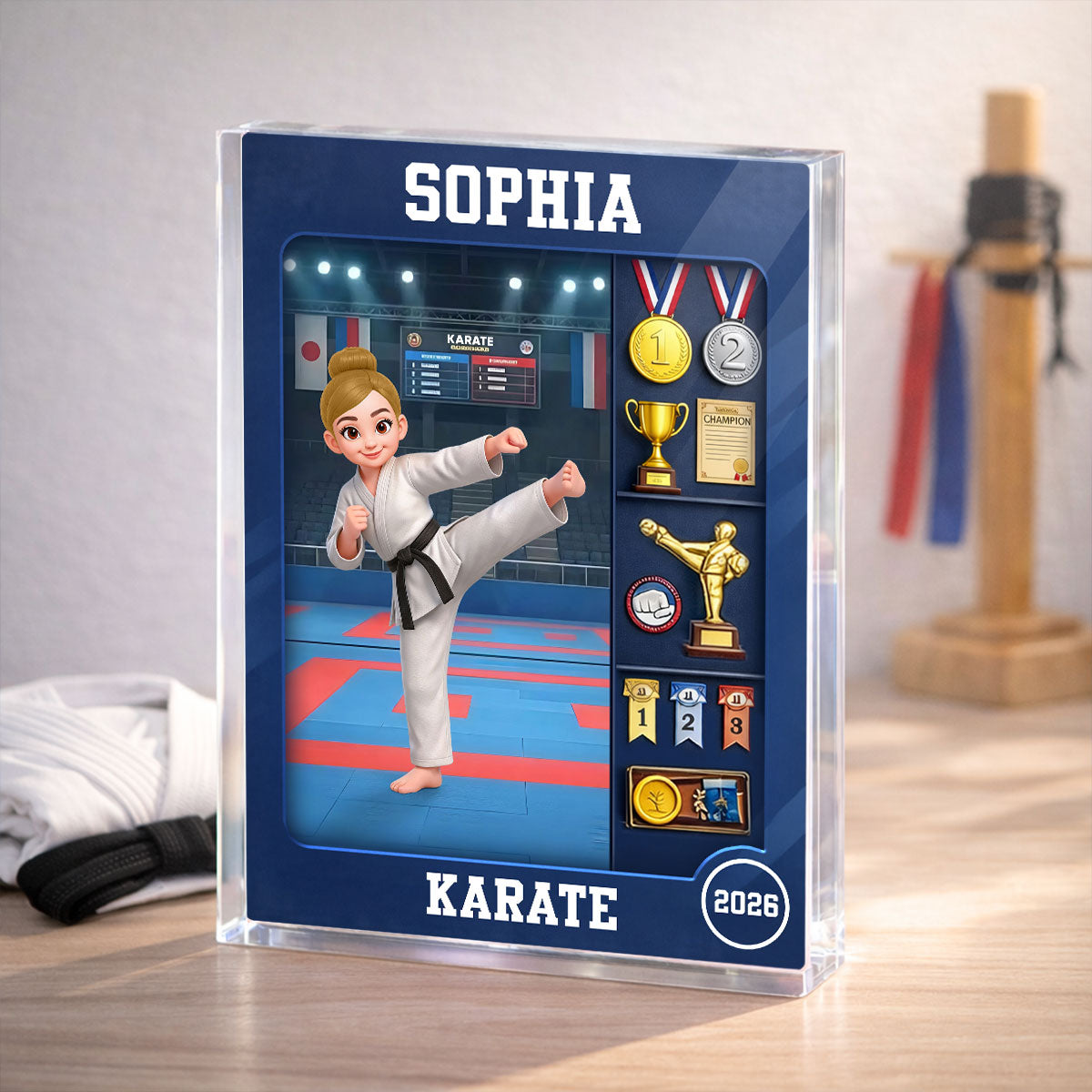 Karate Woman Action Figure - Personalized Acrylic Block Plaque - Gift For Karateka