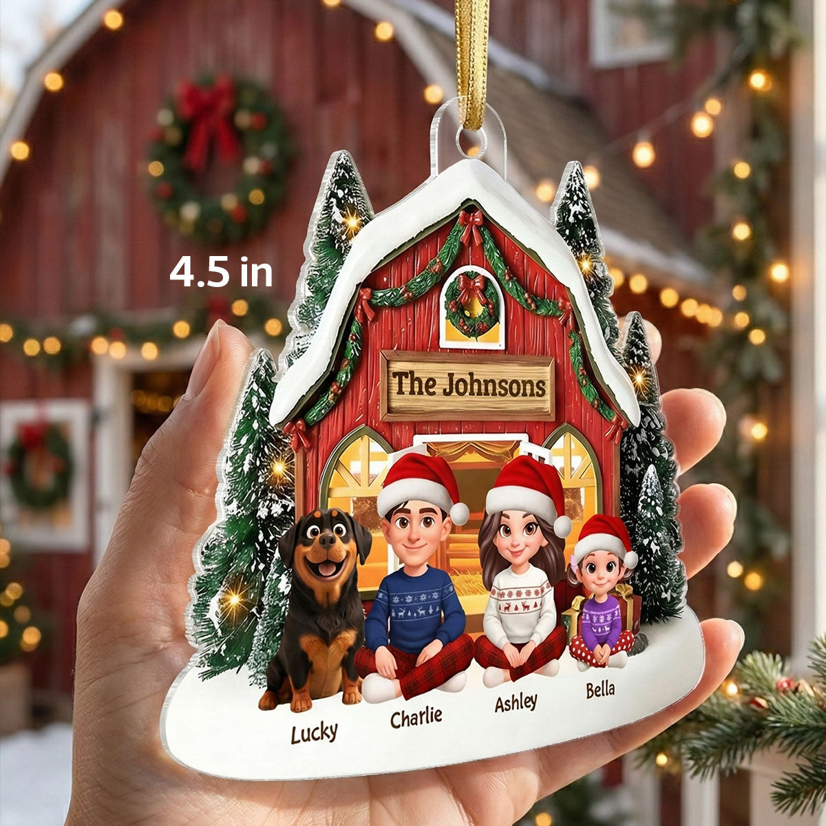 3D Effect Christmas Barn House Family Sitting Together - Personalized Acrylic Ornament
