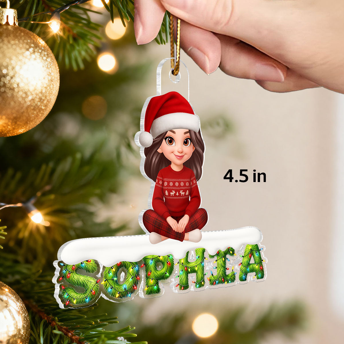 3D Effect Festive Green Pattern Family Member Name - Personalized Acrylic Ornament - Gift For Family
