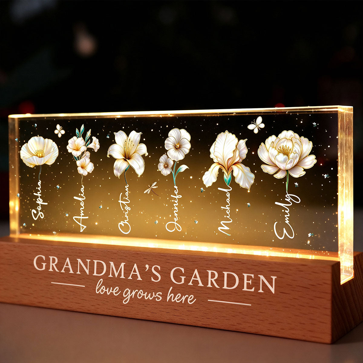 Grandma's Garden 3D Effect Birth Month Flowers - Personalized Acrylic Block LED Night Light - Gift For Grandma