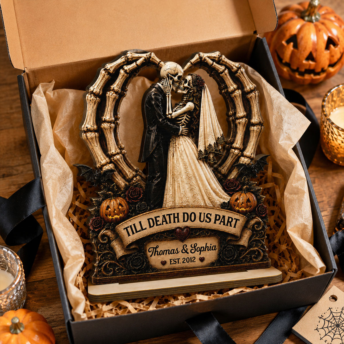 Till Death Do Us Part Skeleton Couple Heart Bone 2D Flat - Personalized 2-Layered Wooden Plaque - Halloween Decor For Couple