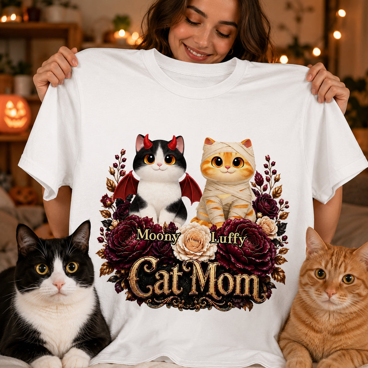 Cats Halloween Preppy Ghost Cherry - Personalized Shirt - Halloween Gift, Gift For Cat Lovers