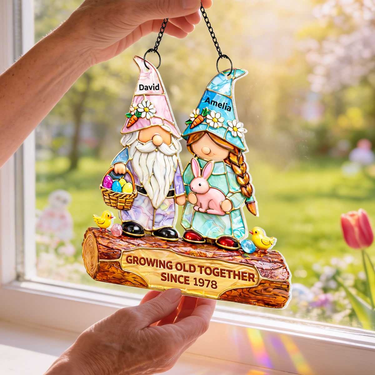 Growing Old Together Since Couple Gnome - Personalized Suncatcher - Gift For Couple, Family