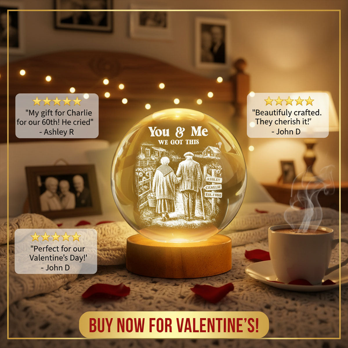 Old Couple Walking Growing Old Together - Personalized Crystal Ball LED Night Light, Heartfelt Valentine's Day Gift For Couple, For Him, For Her