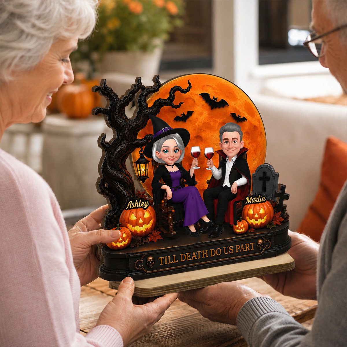 Spooky Halloween Couple With Moon - Personalized 2-Layered Wooden Plaque - Gift For Couple, Him, Her