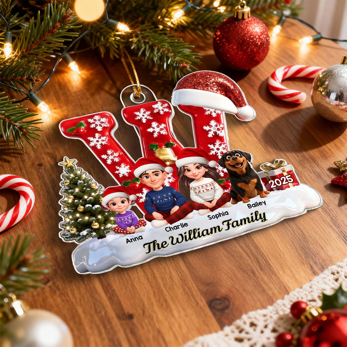 3D Effect Christmas Festive Family Name Initial Beautiful Family Together - Personalized Acrylic Ornament - Gift For Family