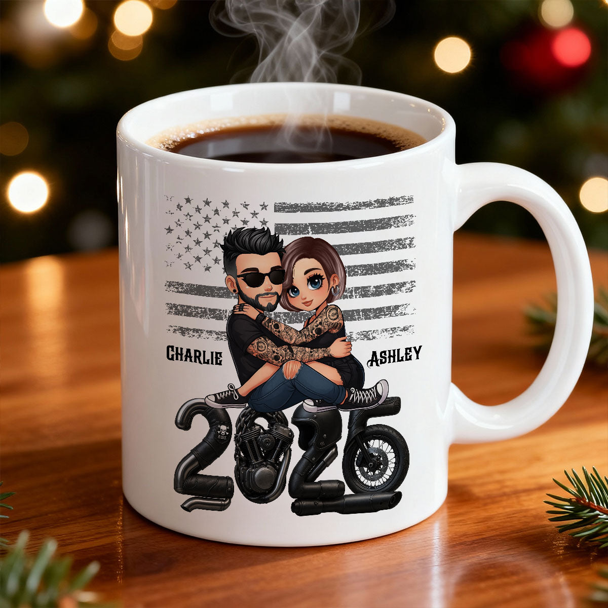 3D Effect Biker Couple Christmas - Personalized Mug - Gift For Bikers, Gift For Him, For Her