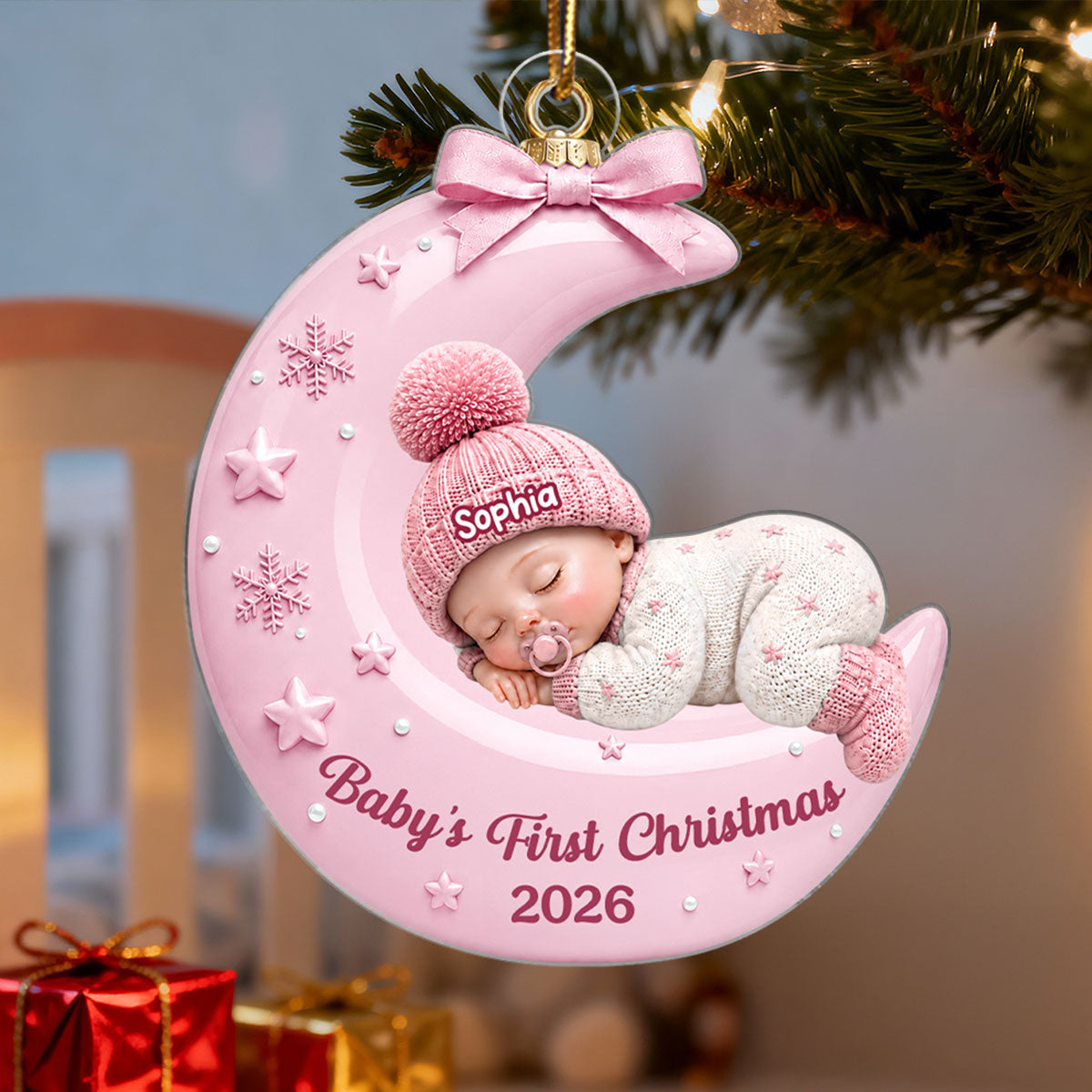 Pastel Pink Baby On Moon - Personalized Acrylic Ornament - Unique Christmas Gift For New Parent, Newborn Keepsake