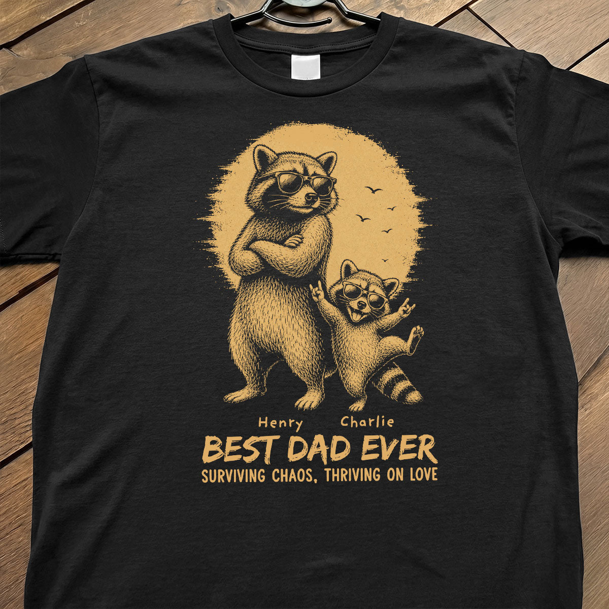 Retro Yellow Vintage Raccoon Dad Best Dad Ever - Personalized Shirt - Funny Father's Day Gift For Dad, Husband