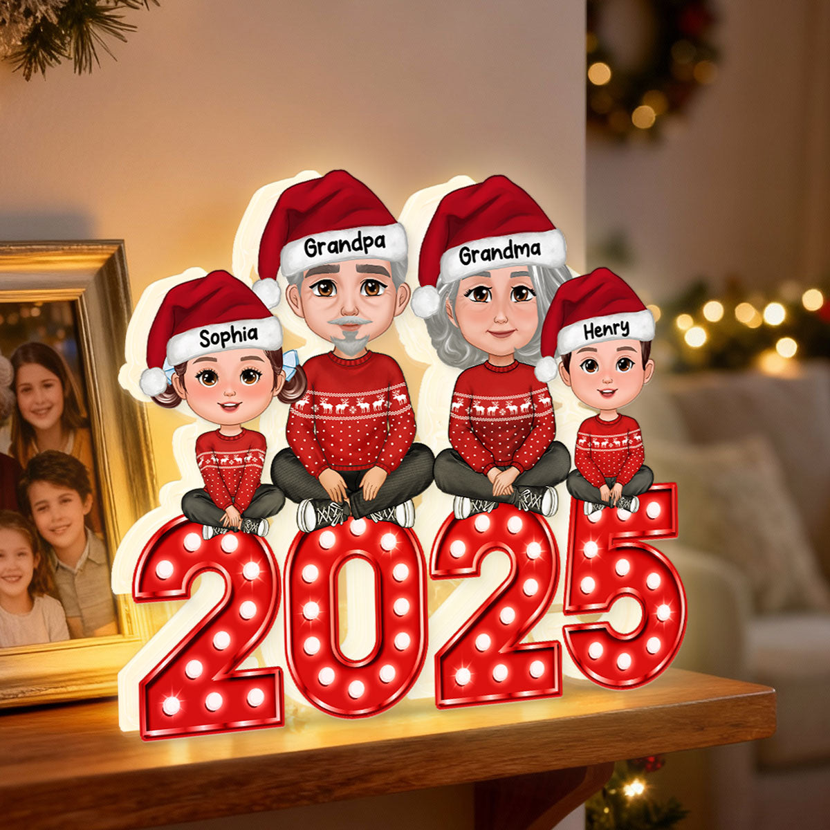 Christmas Grandma Grandpa And Grandkids Marquee Pattern Effect - Personalized Light Box