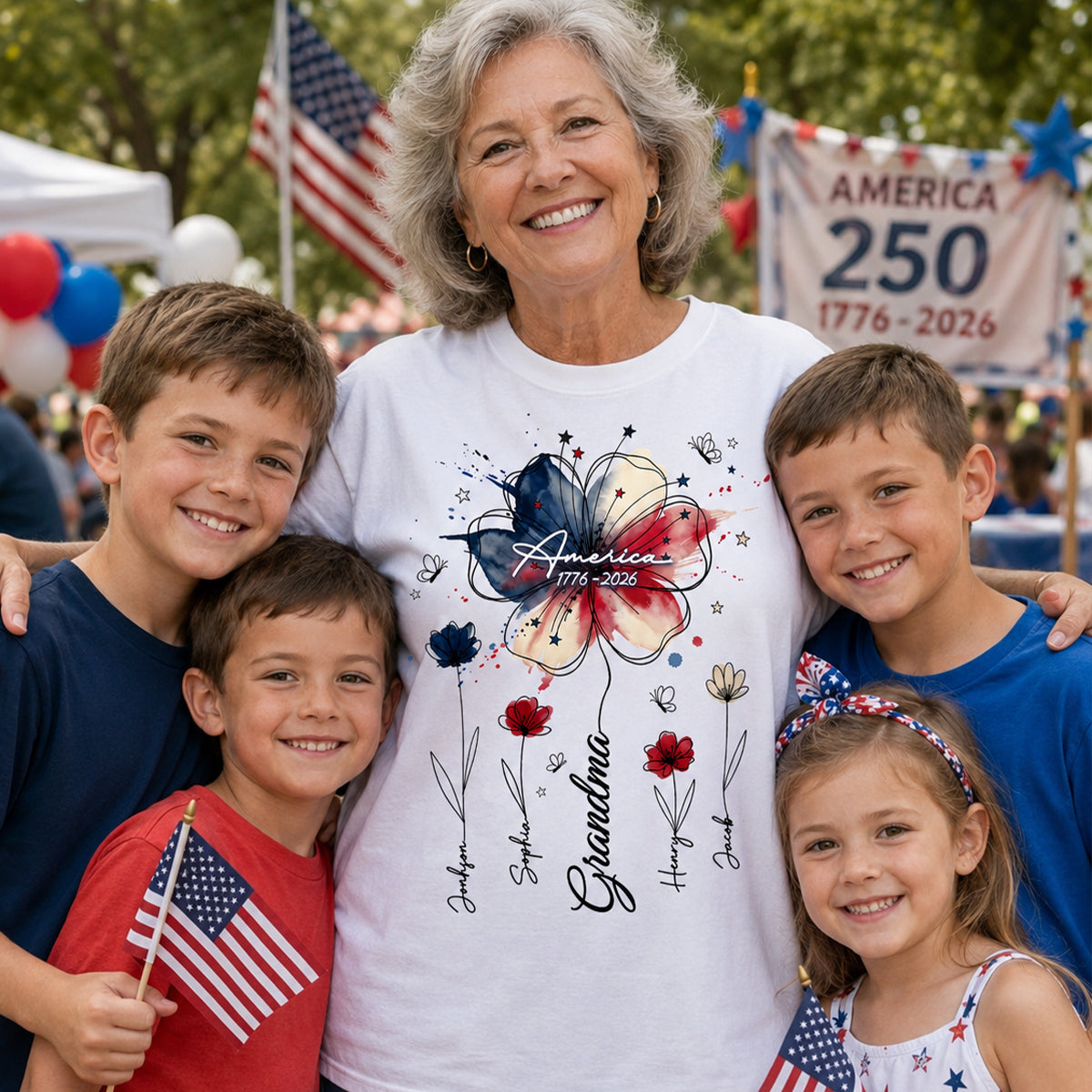 USA 250th Anniversary Floral Grandma - Personalized Shirt - Patriotic Gift for Grandma, Mom