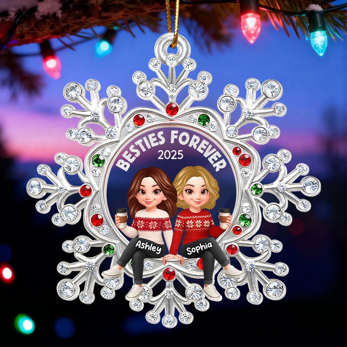 Besties Sitting on Snowflake - Personalized Acrylic Ornament - Christmas GIft for Besties