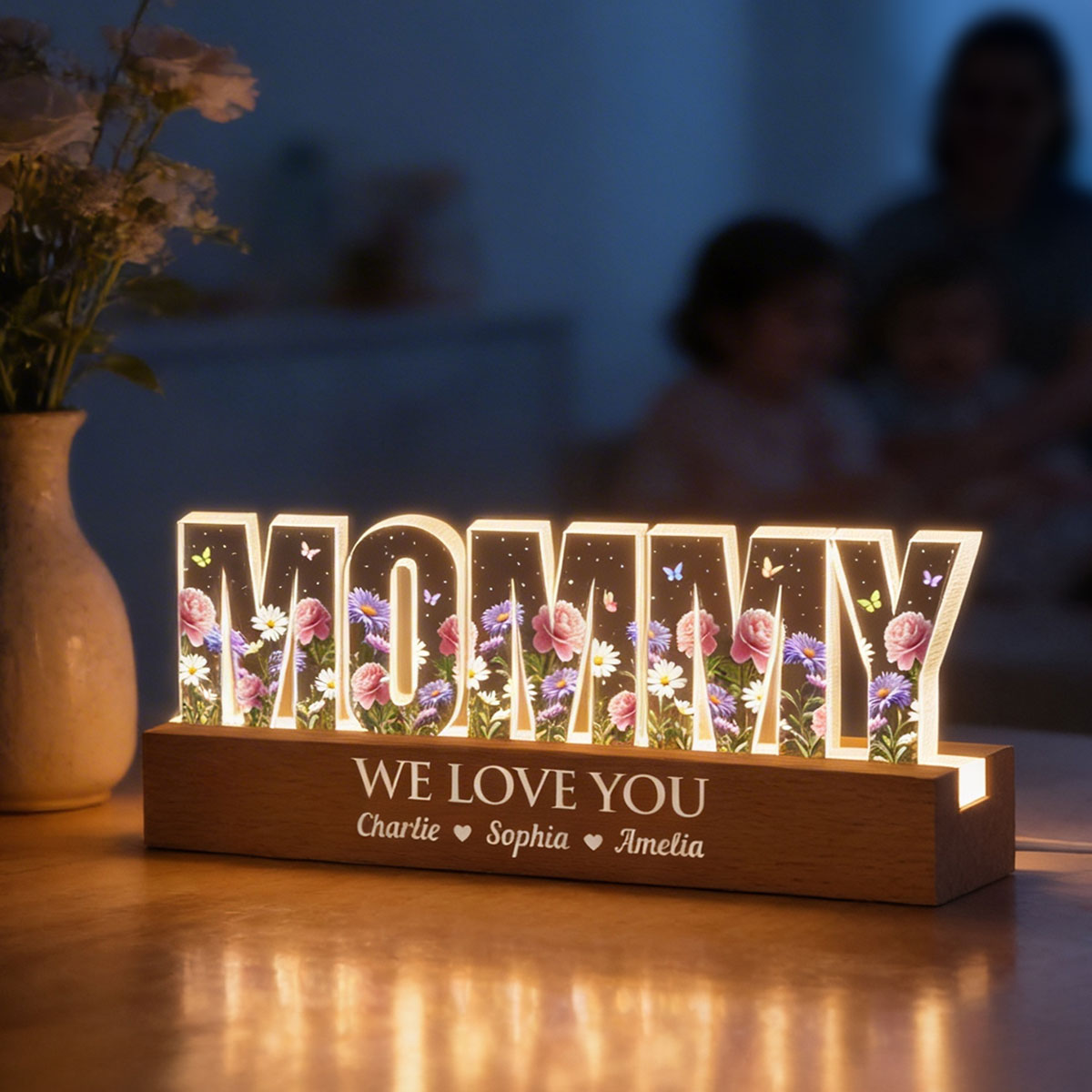 Custom Birth Month Flower Printed - Personalized Acrylic Block LED Night Light - Sentimental Mother's Day Gift for Mom, Grandma