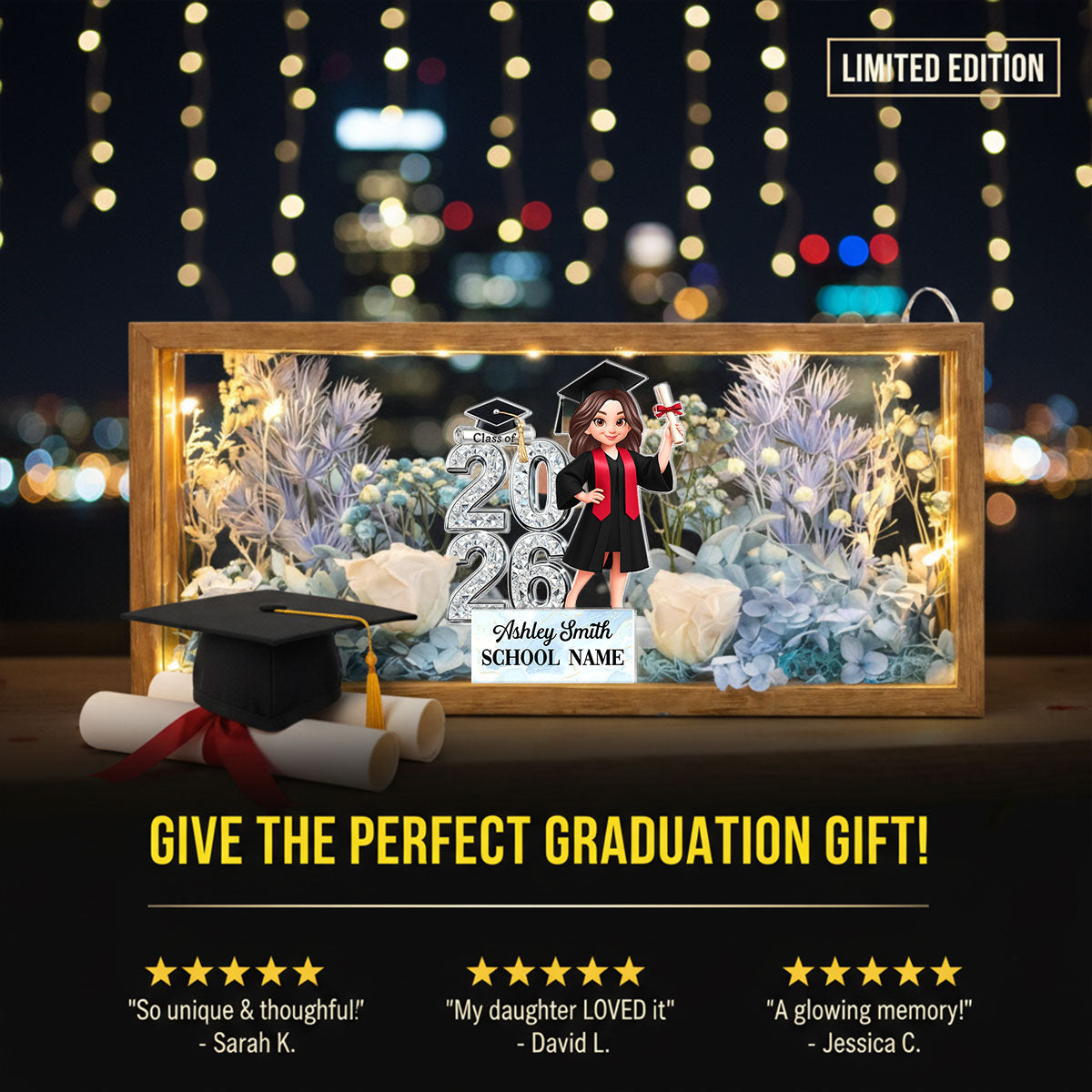 Class Of 2026 2027 Senior - Personalized DIY Flower Shadow Box LED Night Light - Graduation Gift For Graduates, Daughter