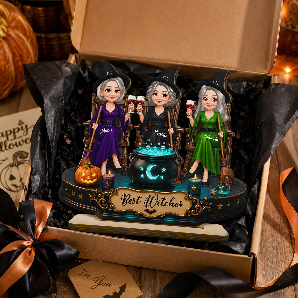 Besties Sisters Witches 2D Flat - Personalized Wooden Plaque - Halloween Decoration