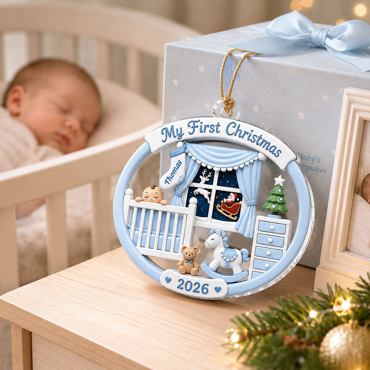Light Pink Blue Baby's 1st Christmas 2026 - Personalized Acrylic Ornament - Unique Christmas Gift For New Parent, Newborn Keepsake