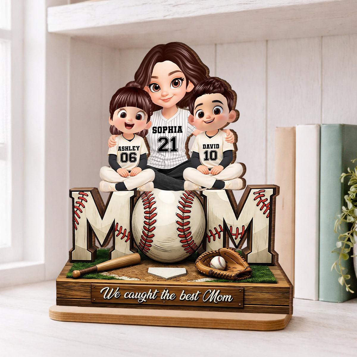 Baseball Mom and Kids We Caught the Best Mom - Personalized 2-Layered Wooden Plaque - Heartfelt Gift for Mom