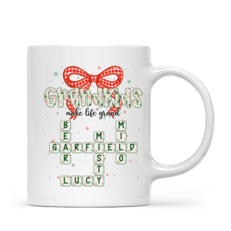 Grandkids Make Life Grand Coquette Floral Christmas Pattern Crossword Puzzle Art - Personalized Mug