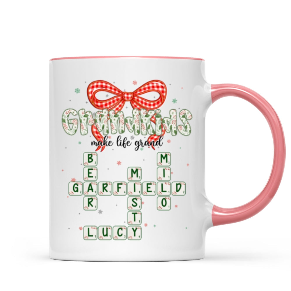 Grandkids Make Life Grand Coquette Floral Christmas Pattern Crossword Puzzle Art - Personalized Mug