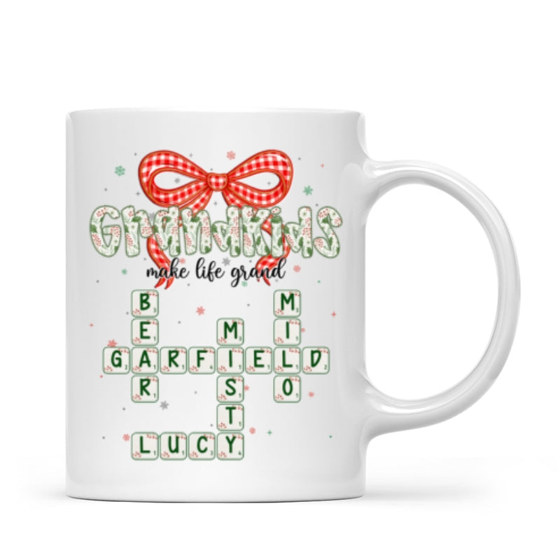 Grandkids Make Life Grand Coquette Floral Christmas Pattern Crossword Puzzle Art - Personalized Mug
