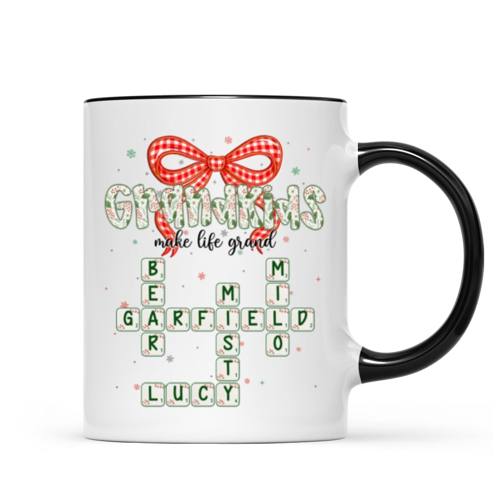 Grandkids Make Life Grand Coquette Floral Christmas Pattern Crossword Puzzle Art - Personalized Mug