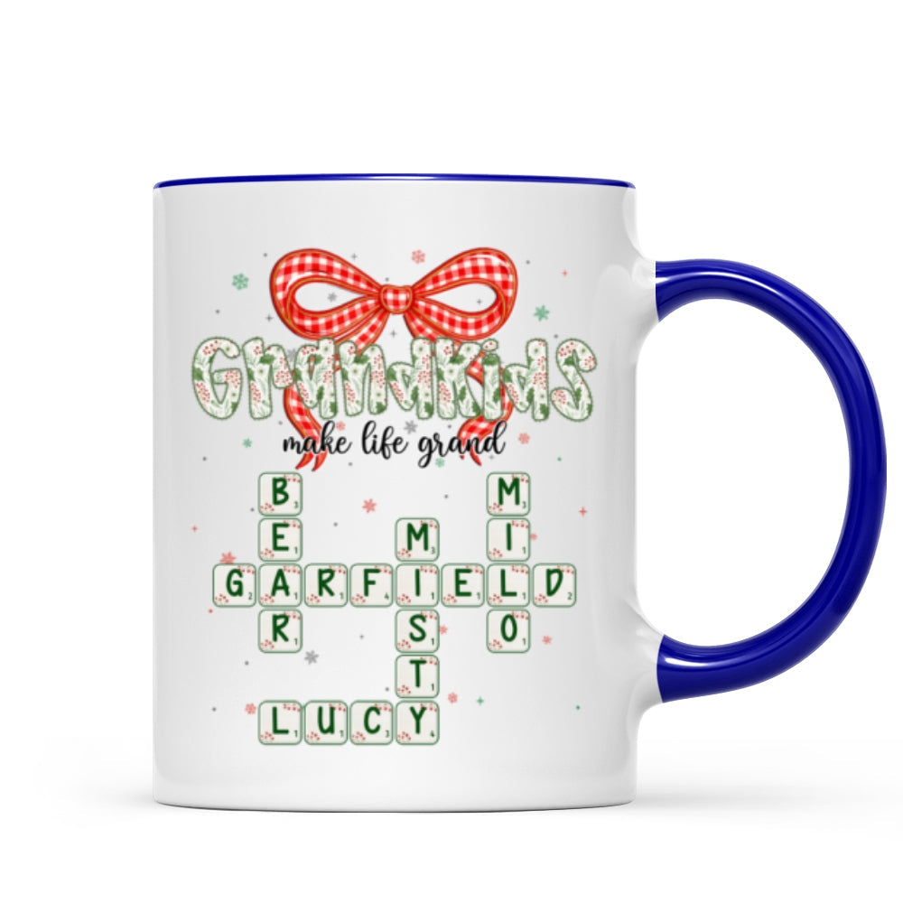 Grandkids Make Life Grand Coquette Floral Christmas Pattern Crossword Puzzle Art - Personalized Mug