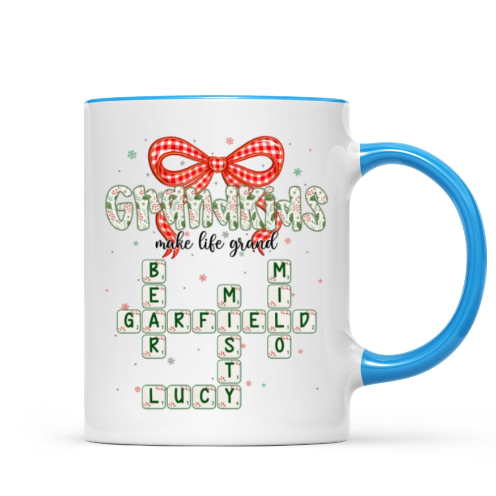 Grandkids Make Life Grand Coquette Floral Christmas Pattern Crossword Puzzle Art - Personalized Mug