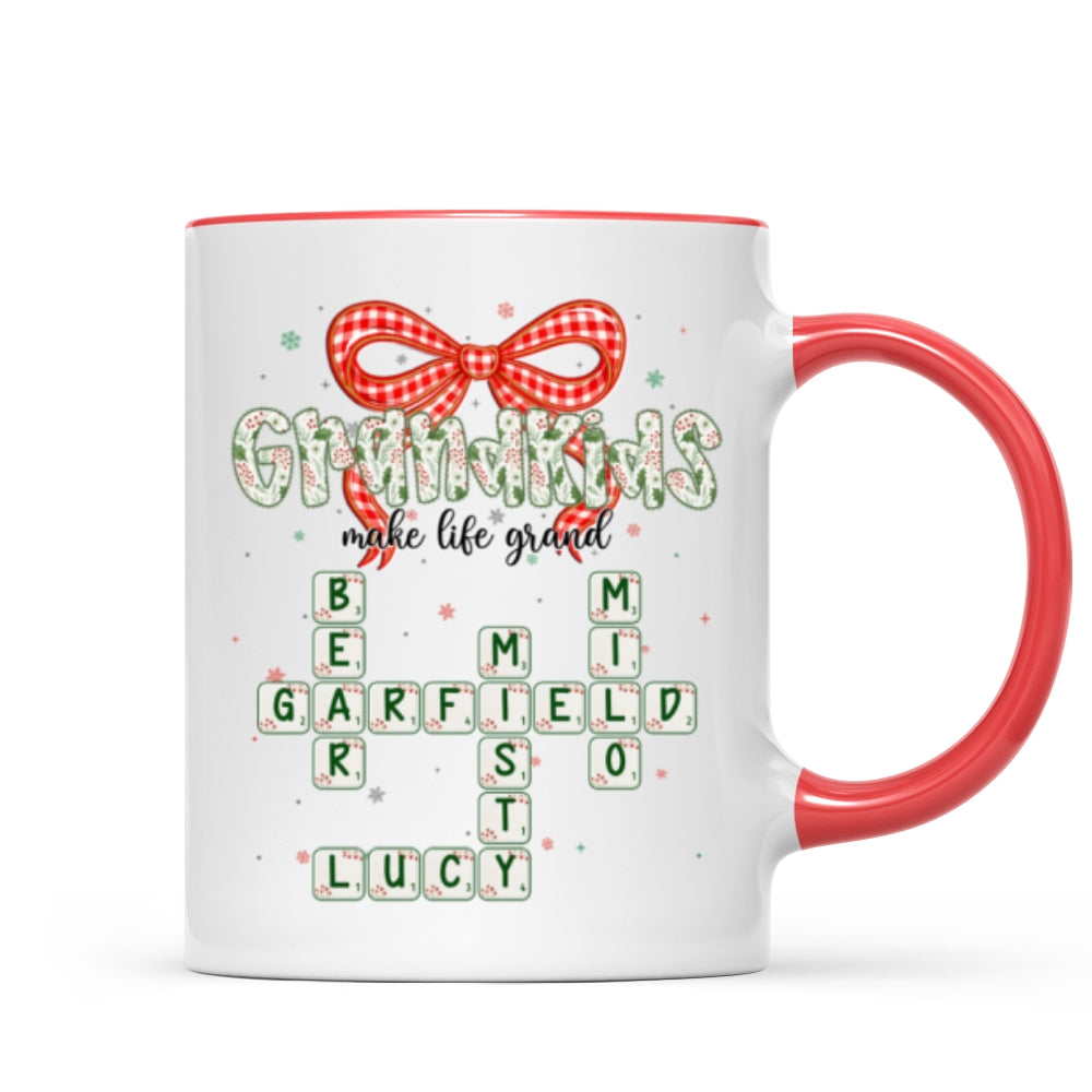 Grandkids Make Life Grand Coquette Floral Christmas Pattern Crossword Puzzle Art - Personalized Mug