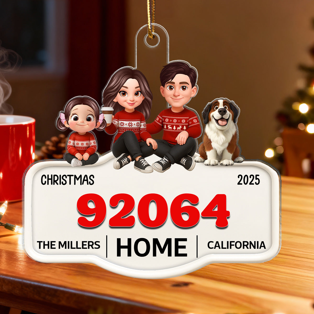 3D Effect No Place Like Home Cartoon Family Sitting Zip Code - Personalized Acrylic Ornament