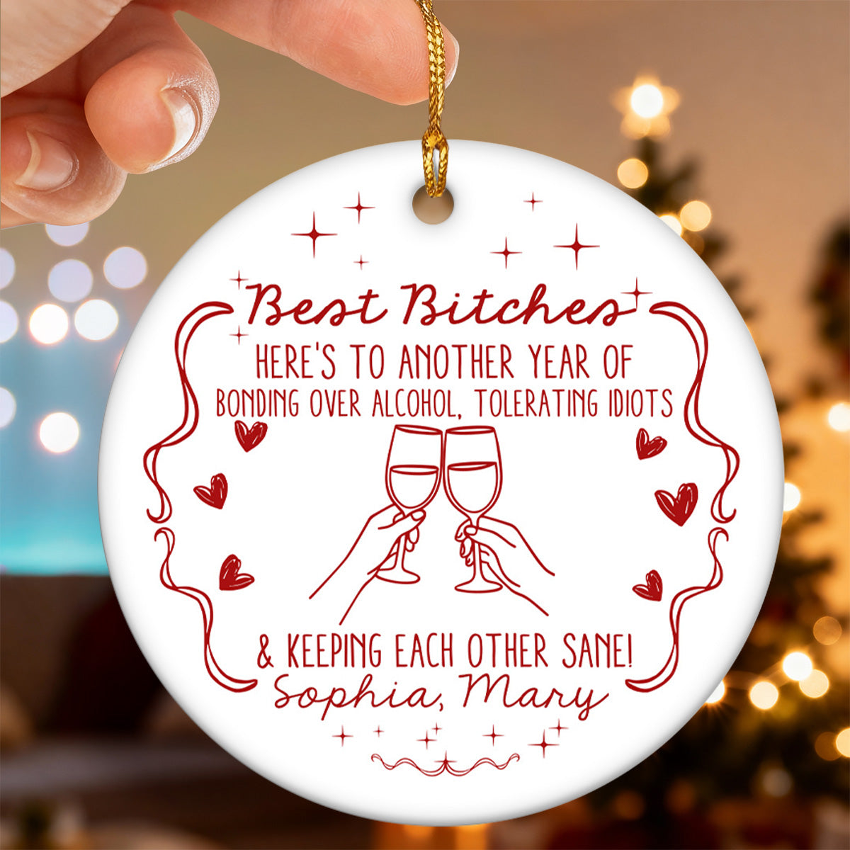 Christmas Red Tone Funny Besties - Personalized Ceramic Ornament - Gift For Best Friends