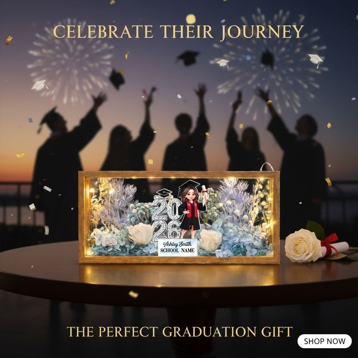 Class Of 2026 2027 Senior - Personalized DIY Flower Shadow Box LED Night Light - Graduation Gift For Graduates, Daughter