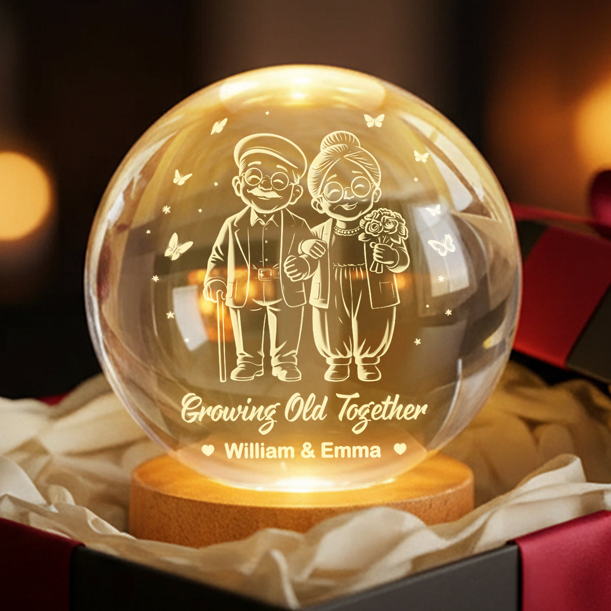 Couple Growing Old Together - Personalized Crystal Ball LED Night Light - Heartfelt Valentine's Day Gift for Her, for Him
