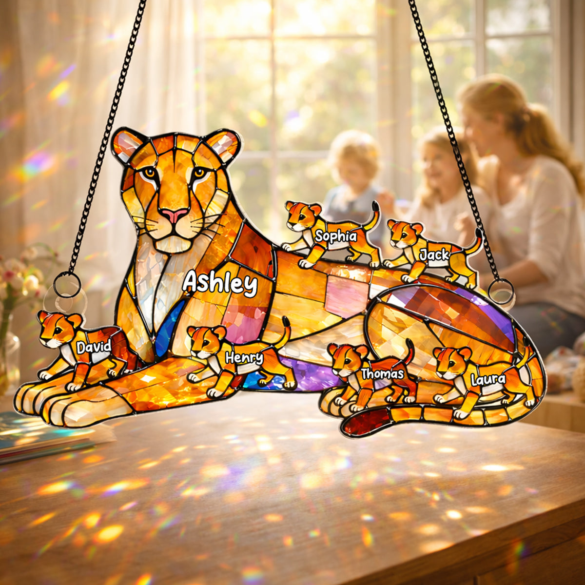 Lion Mom And Kids - Personalized Suncatcher - Gift For Mom, Grandma