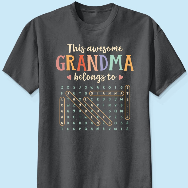 This Awesome Grandma Belongs To Grandkids Name Word Search Puzzle - Personalized Shirt - Mother's Day Gift For Grandma Mom