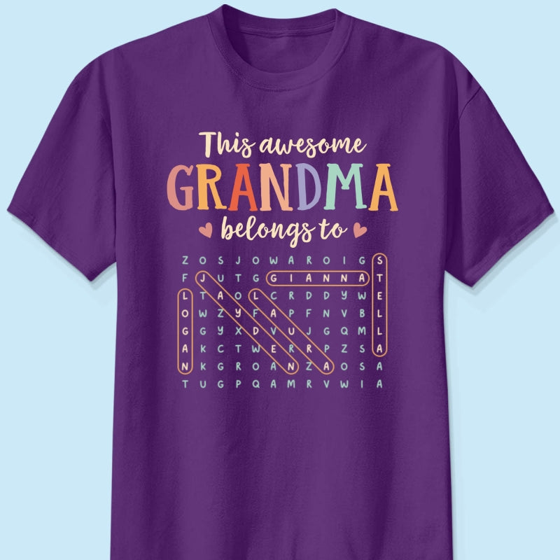 This Awesome Grandma Belongs To Grandkids Name Word Search Puzzle - Personalized Shirt - Mother's Day Gift For Grandma Mom