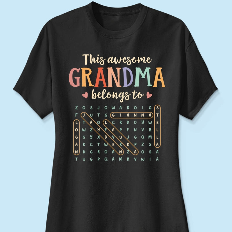 This Awesome Grandma Belongs To Grandkids Name Word Search Puzzle - Personalized Shirt - Mother's Day Gift For Grandma Mom