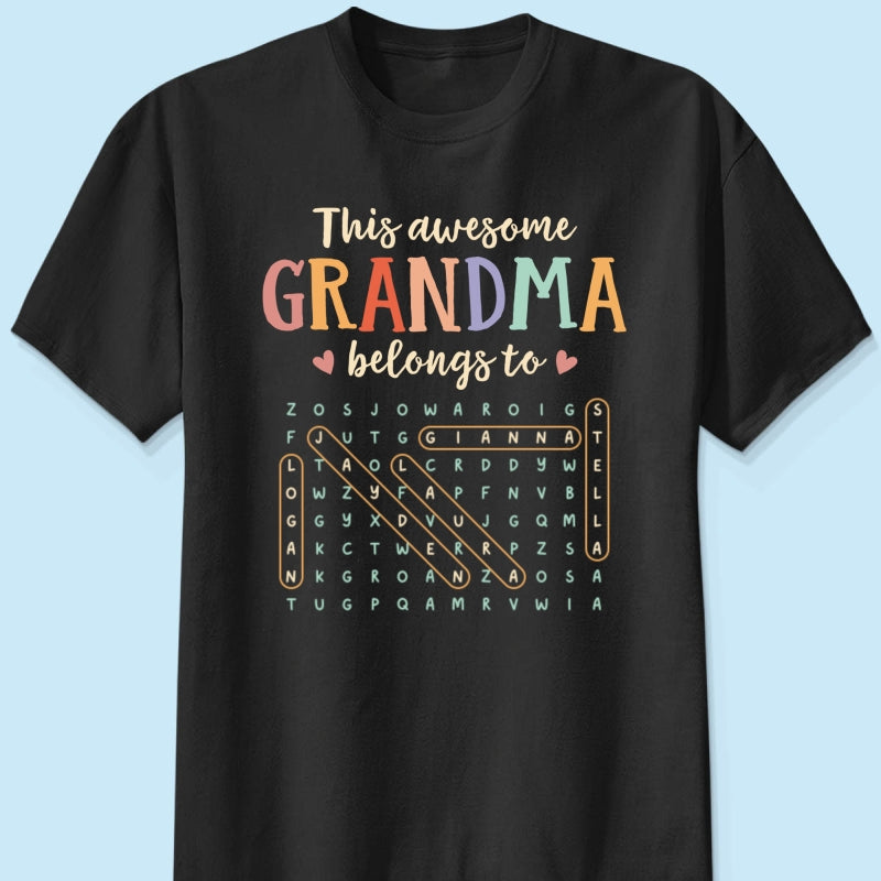 This Awesome Grandma Belongs To Grandkids Name Word Search Puzzle - Personalized Shirt - Mother's Day Gift For Grandma Mom