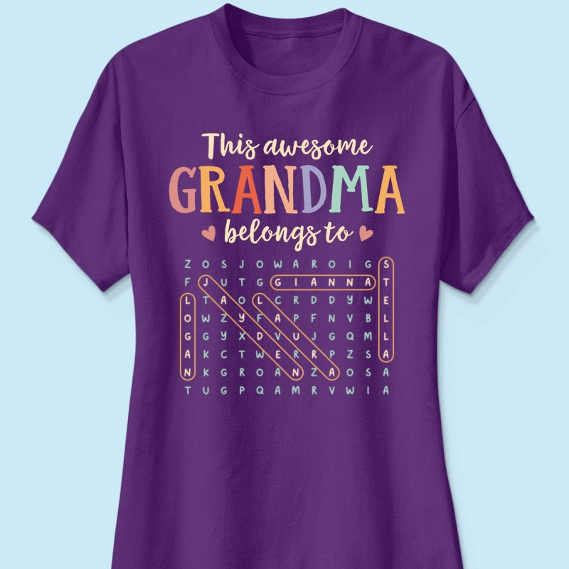 This Awesome Grandma Belongs To Grandkids Name Word Search Puzzle - Personalized Shirt - Mother's Day Gift For Grandma Mom