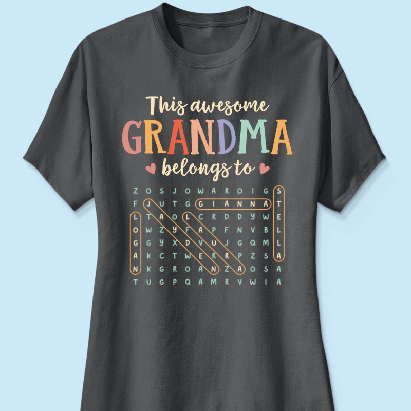 This Awesome Grandma Belongs To Grandkids Name Word Search Puzzle - Personalized Shirt - Mother's Day Gift For Grandma Mom