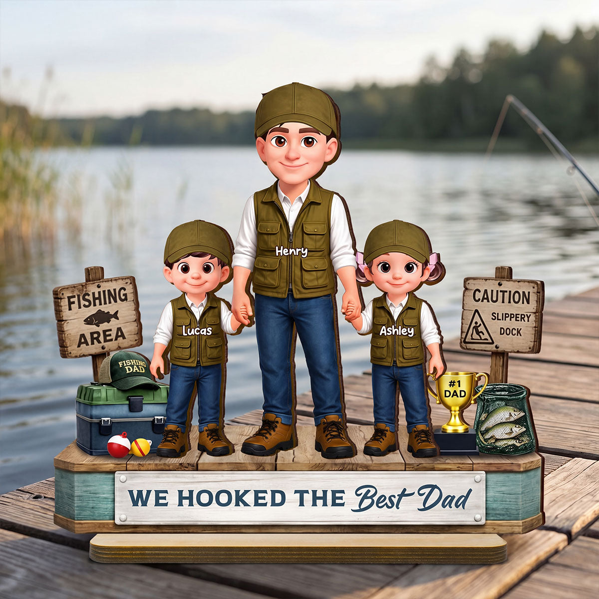 Fishing Dad And Kids We Hooked The Best Dad - Personalized 2-Layered Wooden Plaque - Heartfelt Gift For Dad, Gift For Husband