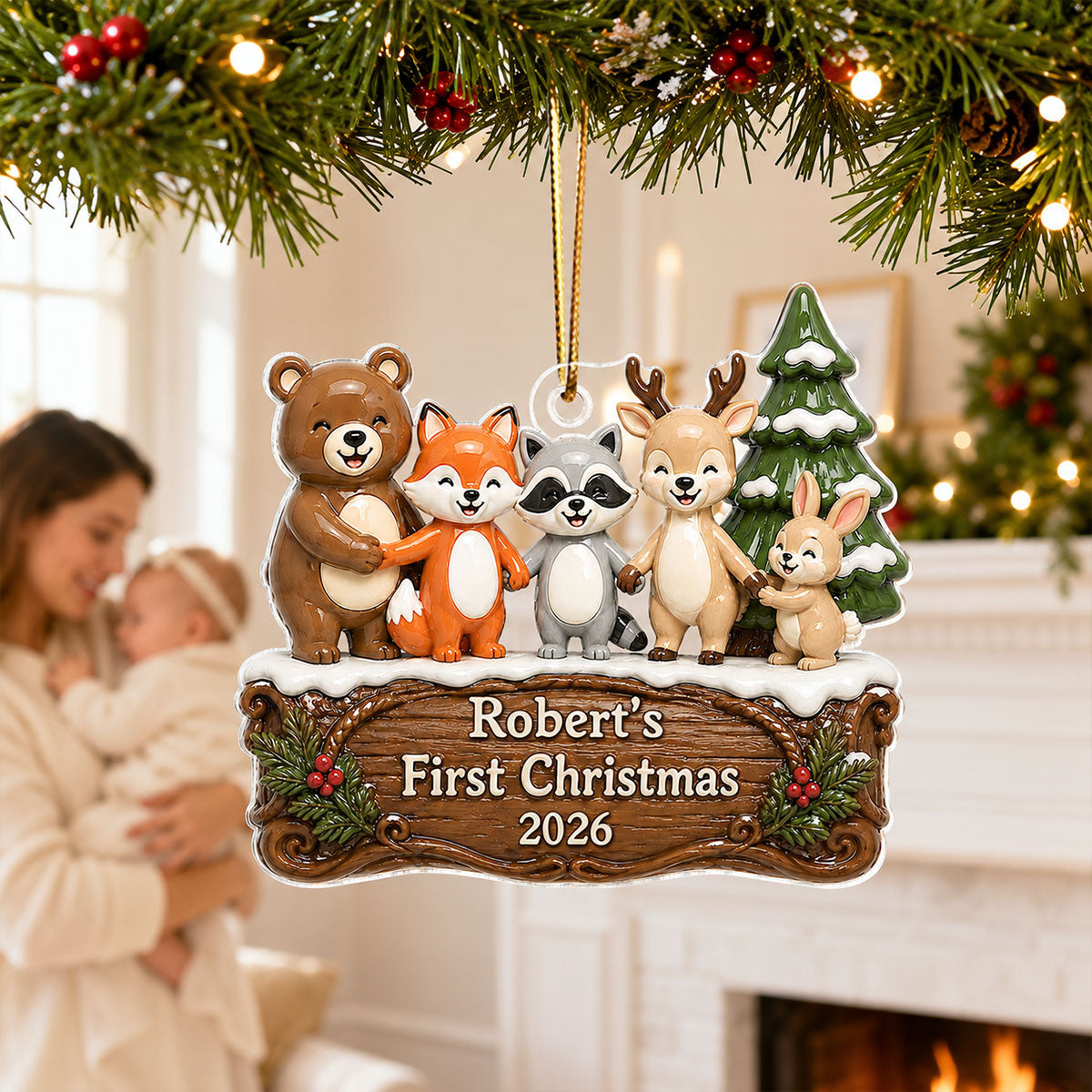 Happy Forever Woodland Animal Baby First Christmas - Personalized Acrylic Ornament - Gift for Newborn, New Parents Keepsake
