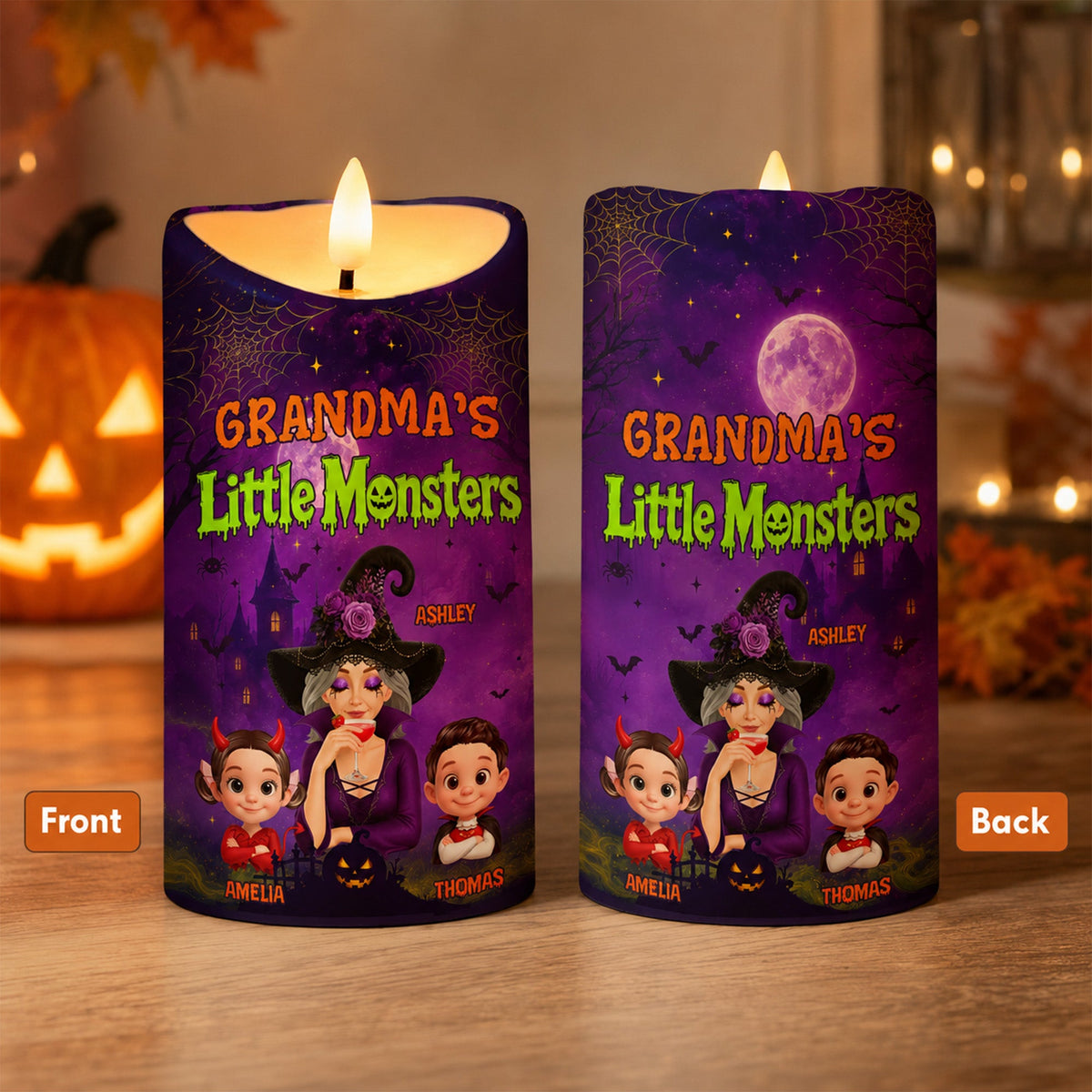 Grandma's Little Monsters Pretty Witch & Kids Purple Theme - Personalized LED Candle - Perfect Halloween Decor for Grandma