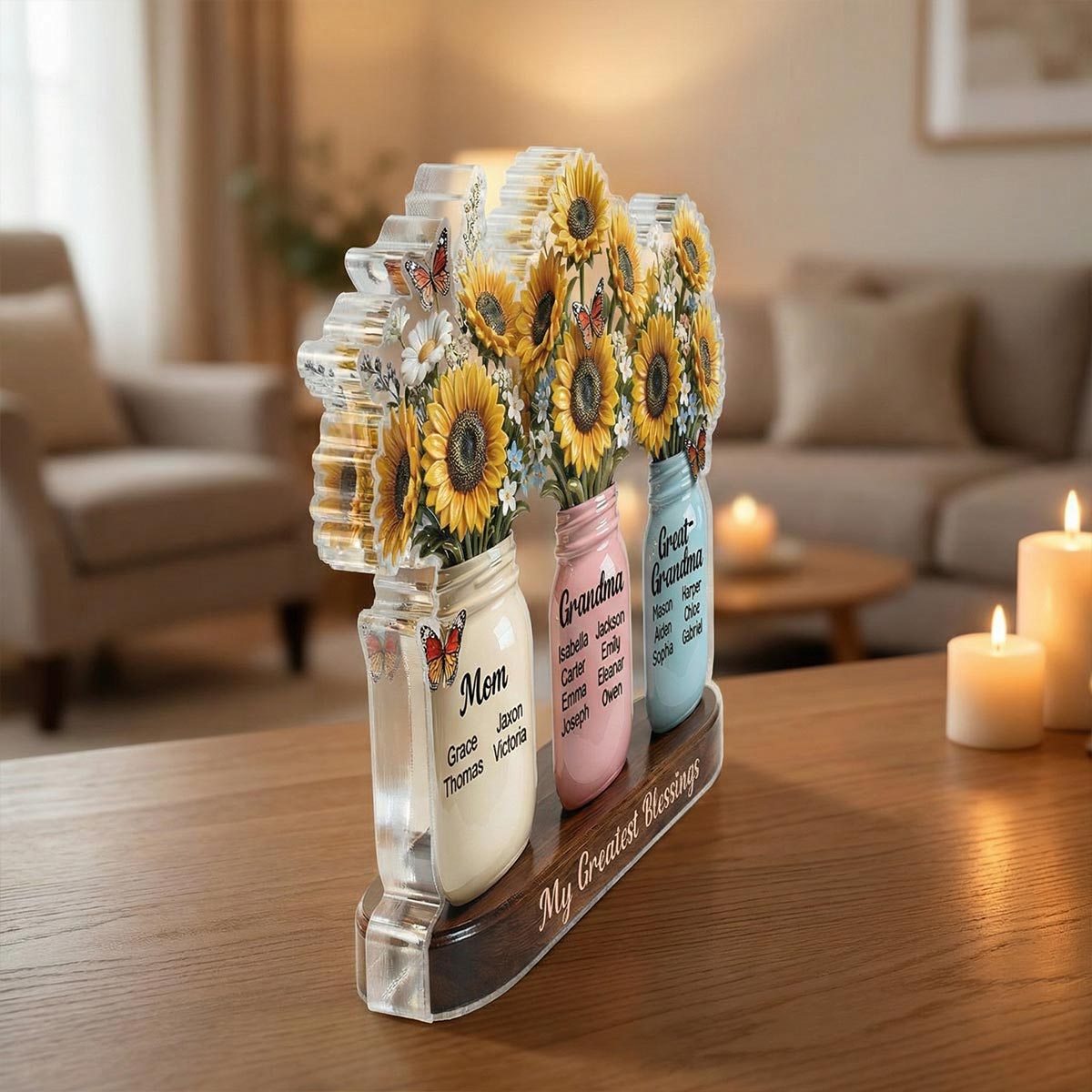 Mom Grandma Great Grandma Sunflowers Jars Custom Names 2D Flat - Personalized Acrylic Block Plaque