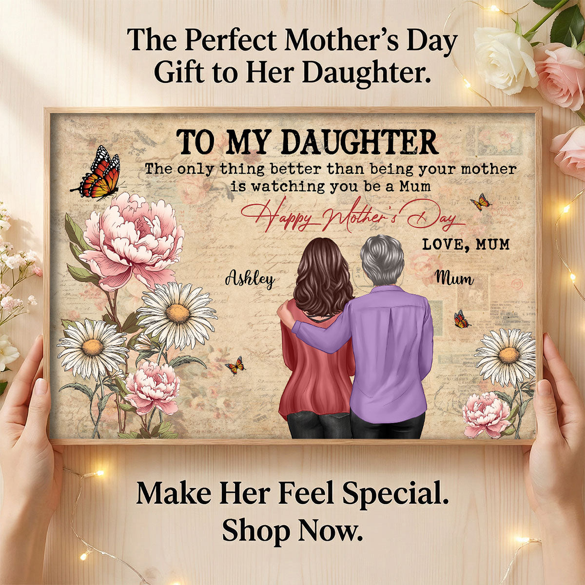 To My Daughter From Mum Vintage Floral Newspaper Birth Month Flower - Personalised Poster - UK Mother's Day