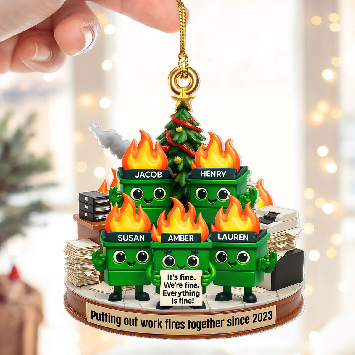 Funny Dumpster Fire Office Chaos Background - Personalized Acrylic Ornament - Funny Christmas Gift, White Elephant Gift for Coworkers
