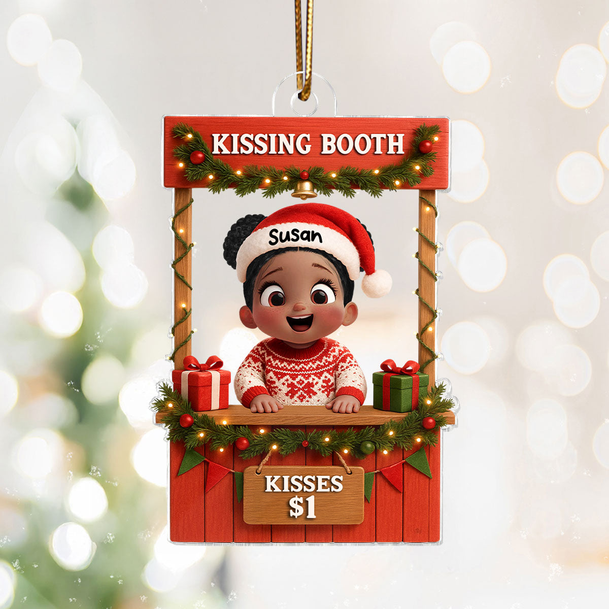 Cute Kid in Kissing Booth - Personalized Acrylic Ornament - Unique Christmas Gift for Kids, Grandkids