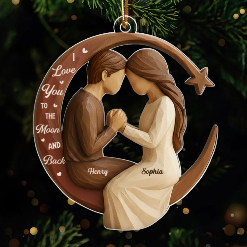 Couple Love to the Moon and Back 3D Wooden Effect - Personalized Acrylic Ornament - Christmas Gift for Couples