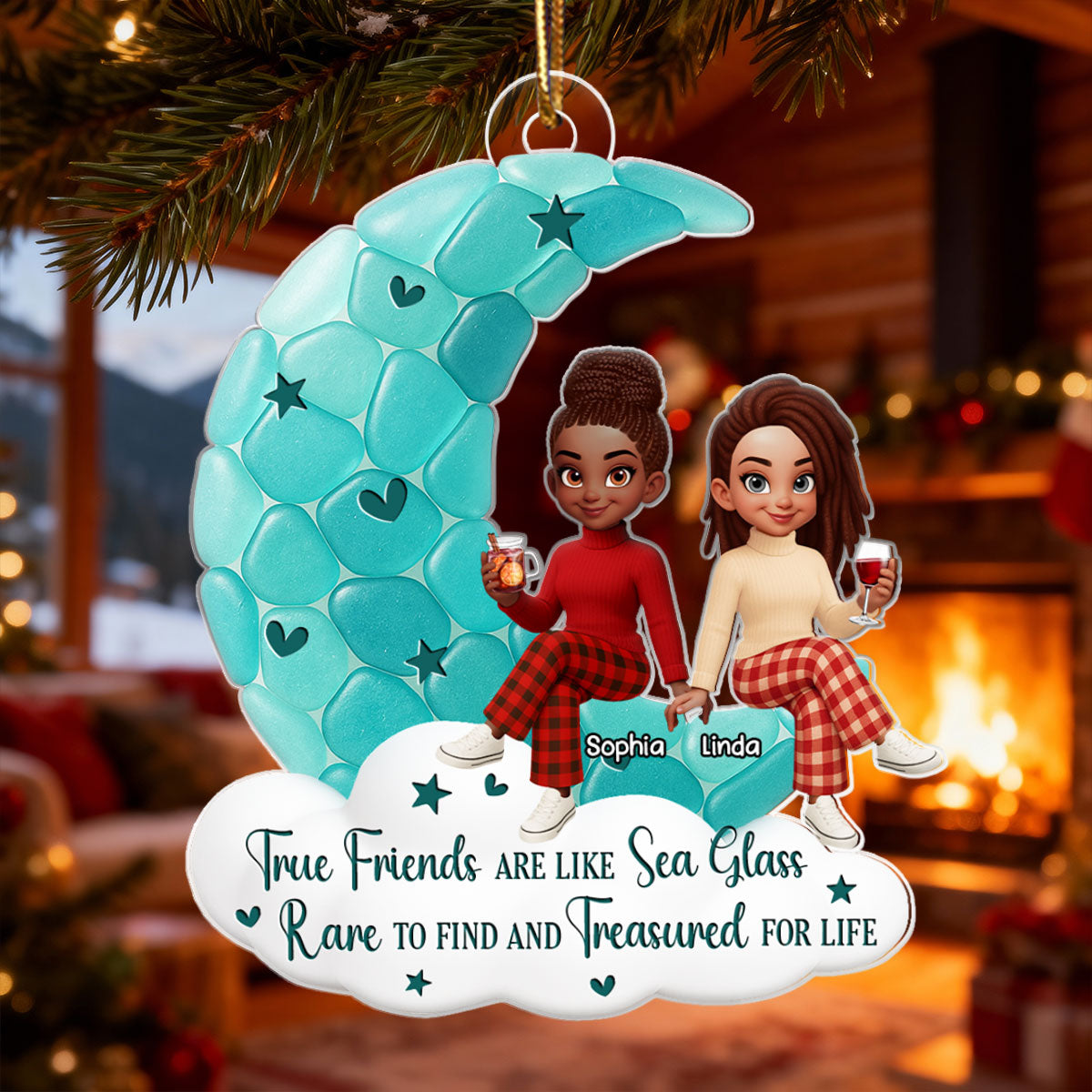 Sea Glass Effect Besties On Moon - Personalized Acrylic Ornament - Christmas Gift For Best Friends