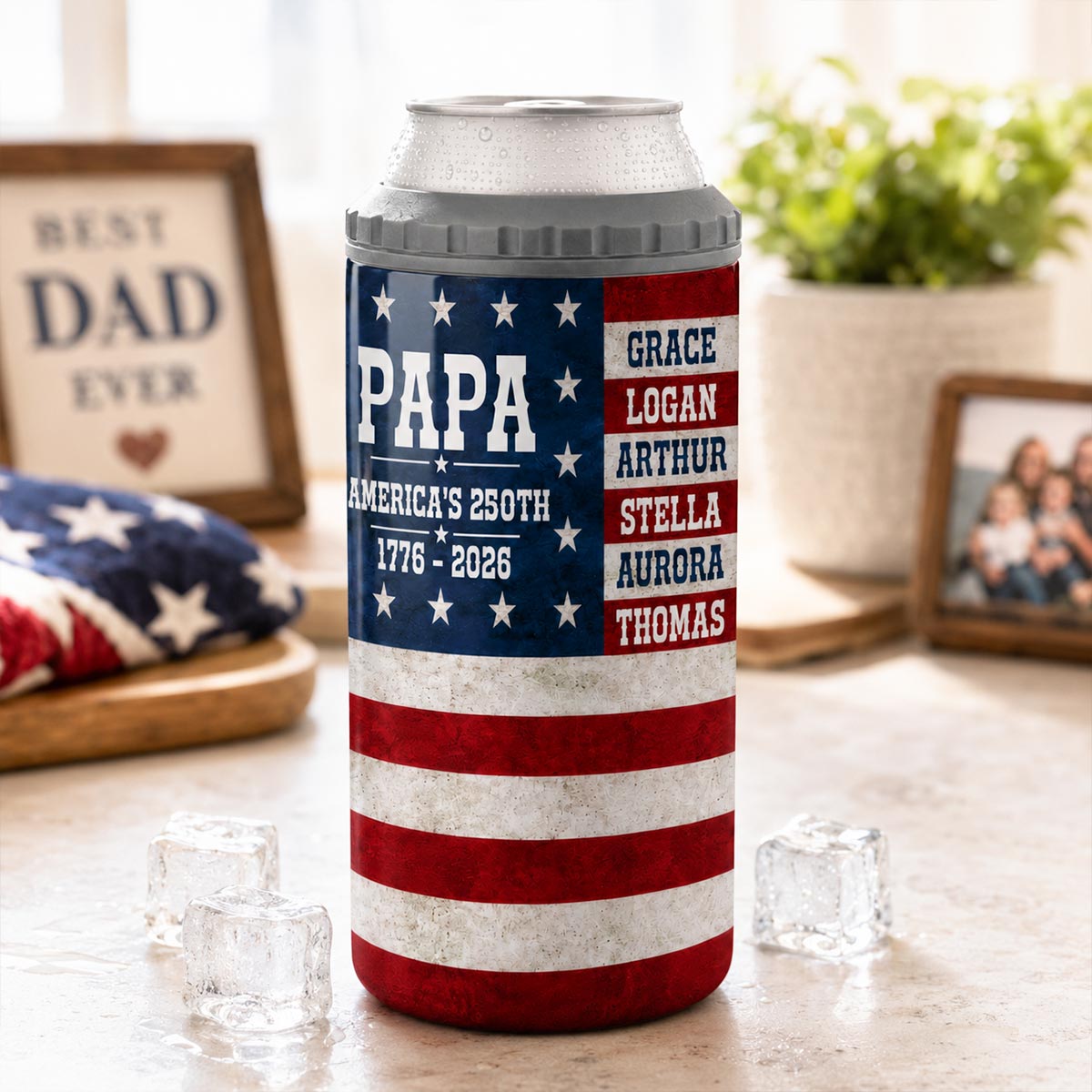 Proud American Dad Grandpa Custom Kids Name - Personalized 4-in-1 Can Cooler