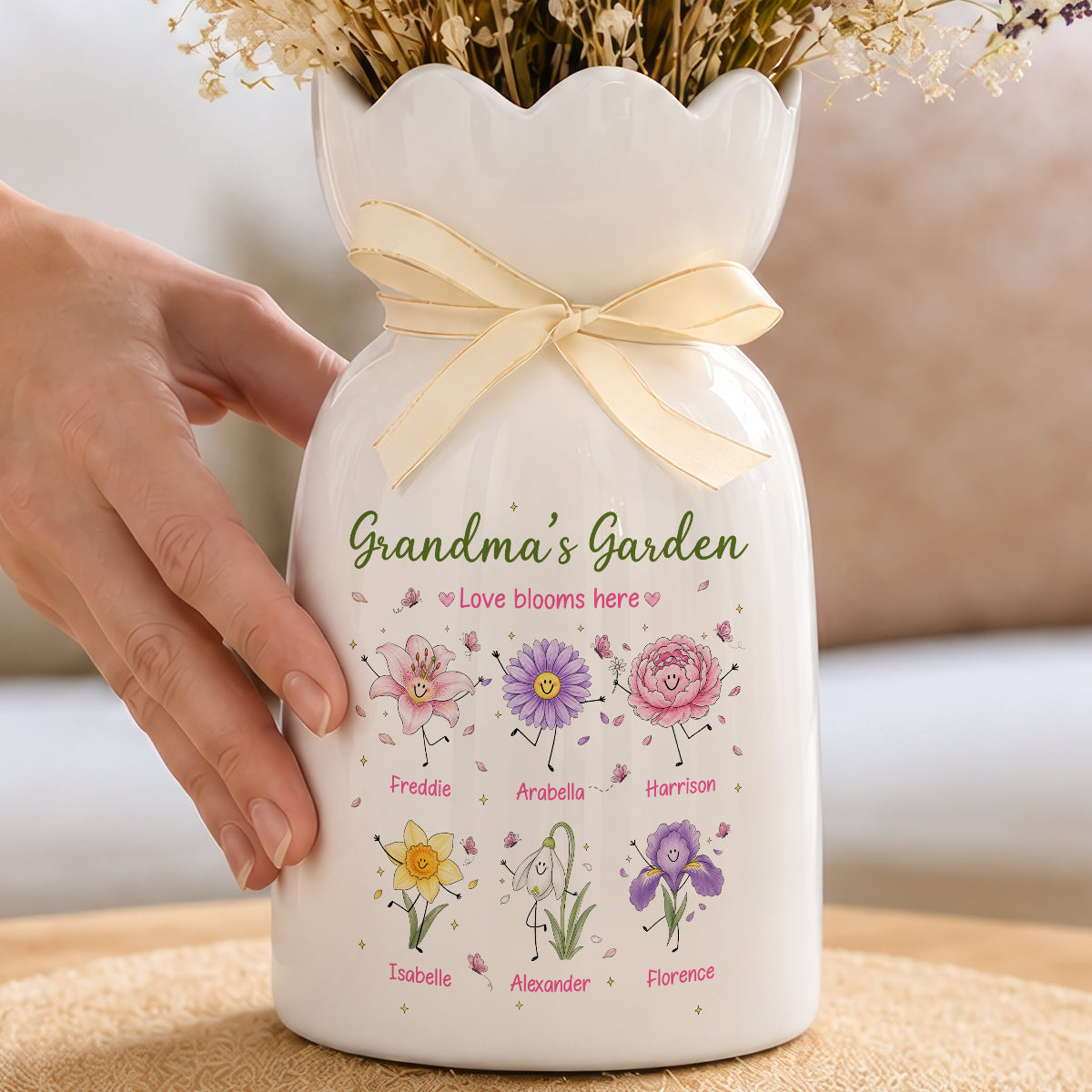 Grandma's Garden Cute Doodle Birth Month Flowers - Personalized Ceramic Flower Vase - Gift For Grandma, Mom